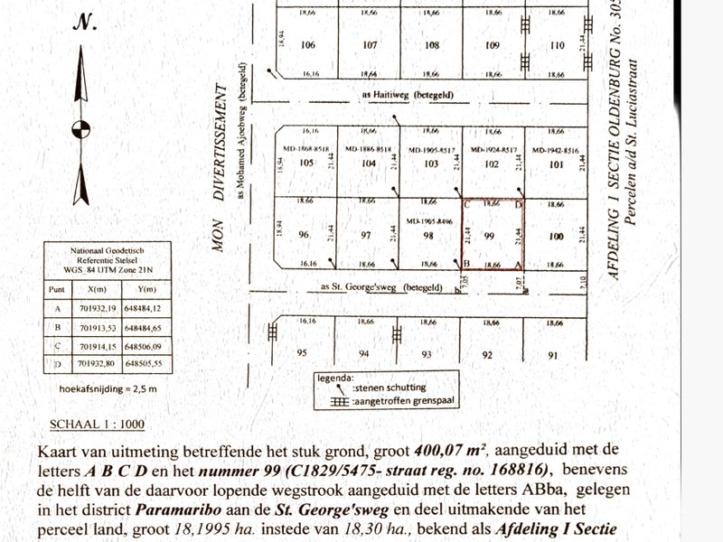 Eigendom, Fransje Gomesstraat, perceel nr 310, groot 871 m2. Zeer goed gelegen in het noorden van Paramaribo. Alle nutsvoorzieningen aanwezig. Verhard