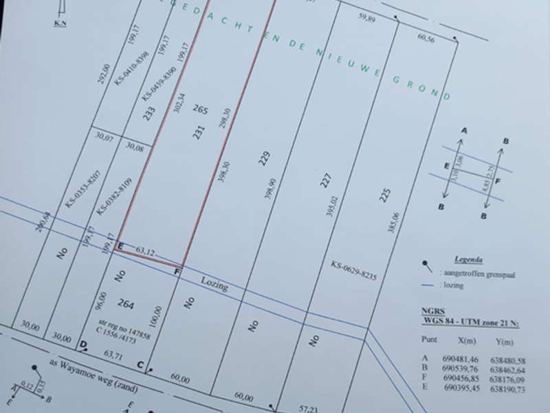 Grondhuur, Domburg, La Recontre 6e zijstraat. Perceel nr 84 (45x254m).  Goed onderhouden met fruitbomen als Citrus, Mope, Manja, Sweetbonki, Awara, Co